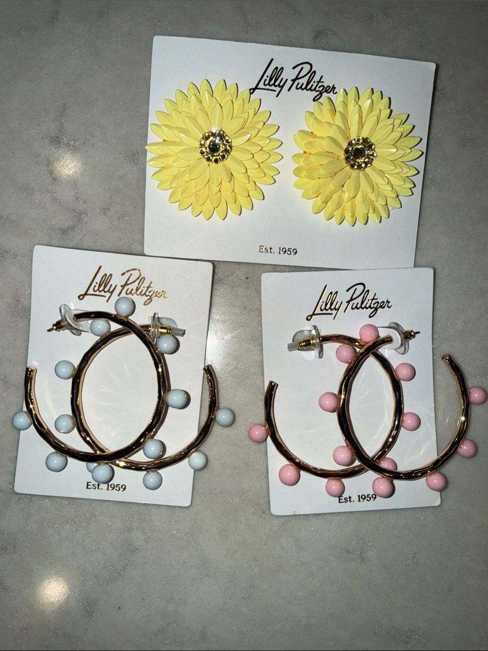 Lilly Pulitzer NWT $50 for all 3 or $25 ea. beaded gold hoops, yellow flower